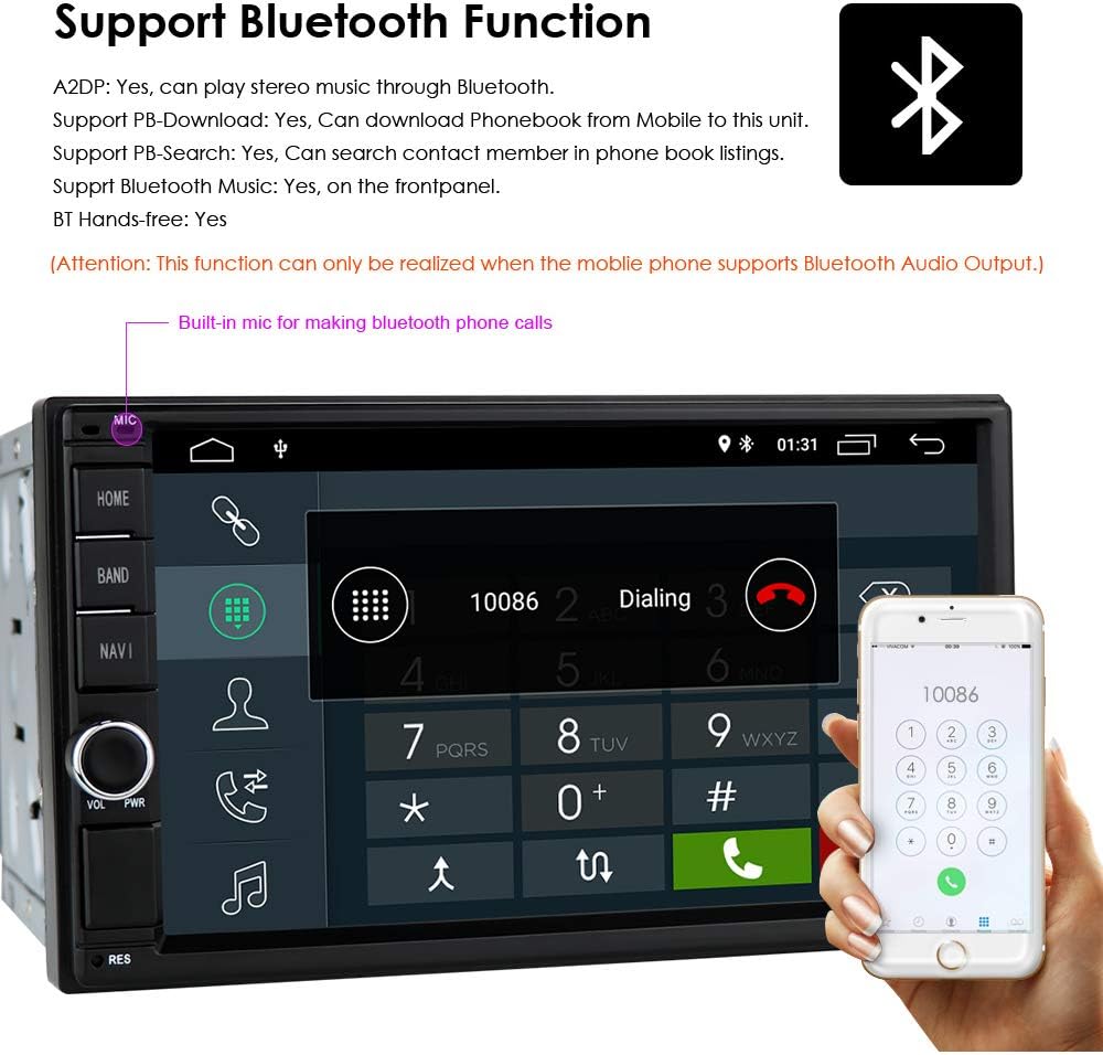 Universal Double Din Car Stereo Bluetooth HandsFree Android 10 Head