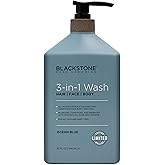 Blackstone Men's Grooming 3-in-1 Wash for Men with Coconut Oil, Aloe and Caffeine | Cleanses & Conditions Hair, Body, & Face | For All Skin & Hair Types - Ocean Blue (32 Fl Oz)