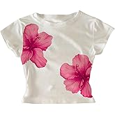 RoseSeek Women's Floral Graphic Tees Short Sleeve Crew Neck T Shirts Fitted Summer Crop Tops