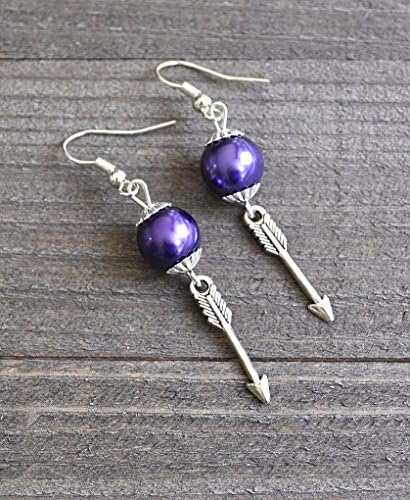 Silver Arrow Earrings With Purple Glass Pearls Artisan Arrow Earrings Swarovski Glass Pearl Beads