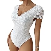 PDLCVD Women's Sexy Deep V Neck Short Sleeve White Lace Bodysuit Double Lined Body Suit Going Out Tank Tops Embroidery Flower