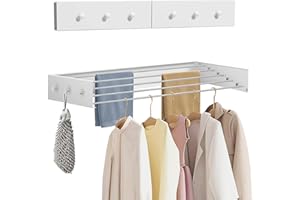 HUATOL Aluminum & Stainless Steel Wall Mounted Drying Rack, Collapsible, Space Saving, 6 Hooks, 31.4" H, 60 lbs Capacity, Ideal for Laundry Room