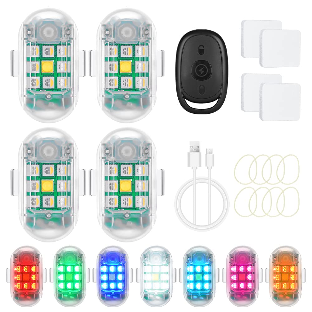 Ainiv 4PCS LED Strobe Drone Light, Aircraft Strobe Night Warning Lights, 7 Colors USB Charging Flying Anti-Collision Night Lights for Remote Control Drone, Motorcycle, Car, Bike, RC Car, RC Boat