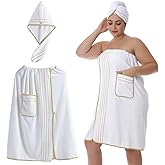 Wokuaile Plus Size Towel Wrap for Women, Shower Wrap Spa Bathrobe Bath Towels Body Wrap After Shower with Hair Drying Towel, White