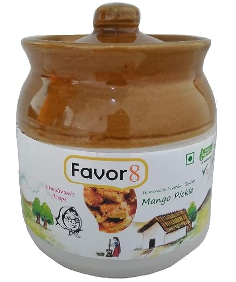 Favor8 Mango Pickle, 350g in Ceramic Jar (Homemade in Mustard Masala)