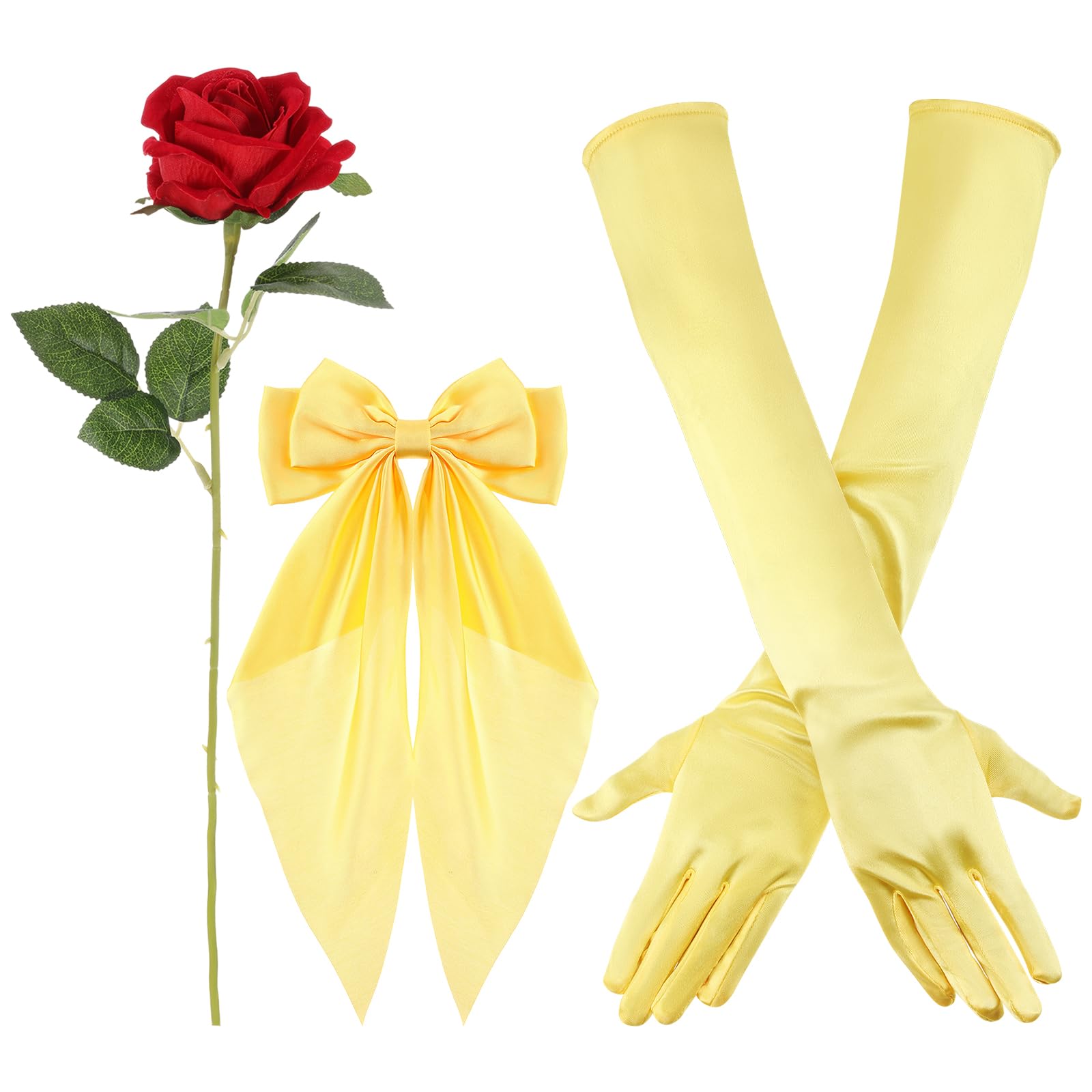 Photo 1 of Preboun Princess Costume Accessories Yellow Bow Hairband Gloves Rose Flower Kit for Halloween Dress up Cosplay Birthday Party(Adult)