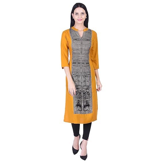 Women's Rayon Printed Straight Mustard Kurti (SKF0010Yellow)