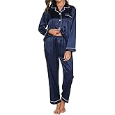 Silk Pajamas for Women Set Long Sleeve Satin Pj Set Two Piece Soft Sleepwear Classic Button Down Loungewear with Pockets