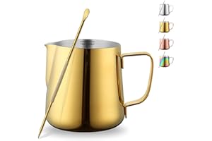 Milk Frothing Pitcher 12oz - 350ml, Kyraton Stainless Steel Espresso Steaming Pitchers with Decorating Pen,Milk Coffee Frother Cups Cappuccino Latte Art Barista Steam Pitchers Milk Jug Cup (Gold)