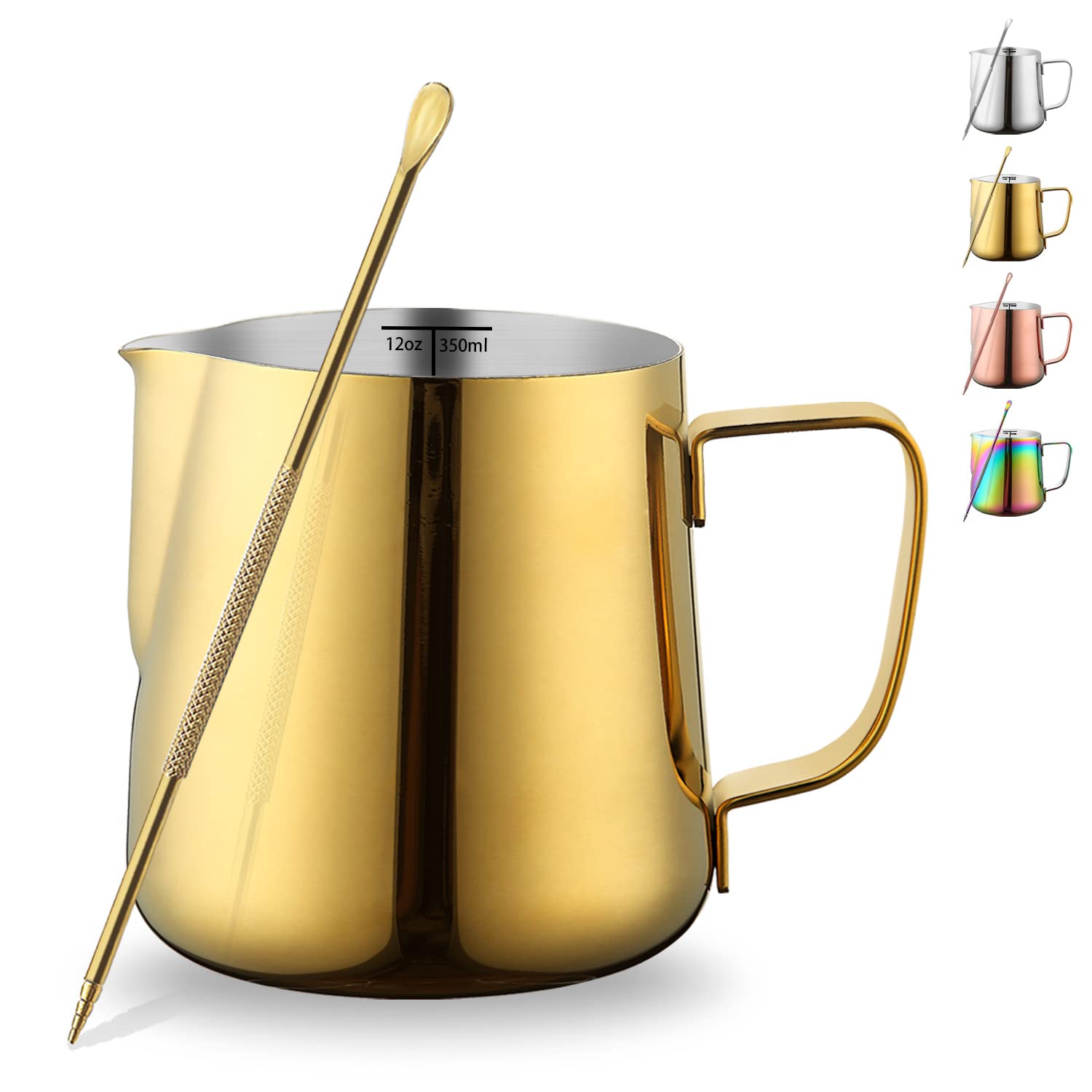 Milk Jug 12oz 350ml, Kyraton Stainless Steel Espresso Steaming Pitchers with Decorating Pen, Milk Coffee Frother Cups Cappuccino Latte Art Barista Steam Pitchers Milk Jug Cup (Gold)