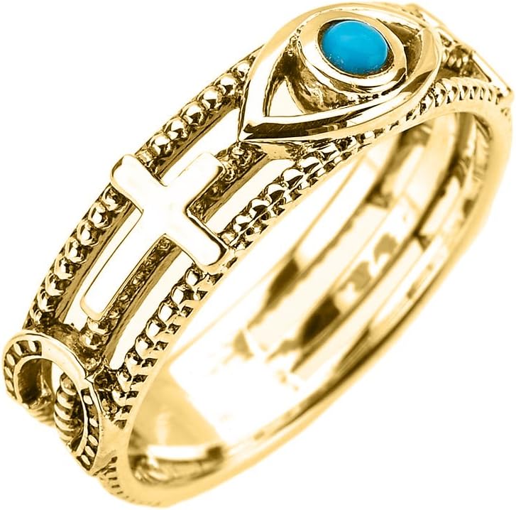 Solid 10k Yellow Gold Milgrain Blue Sideways Cross Evil Eye Good Luck Ring
