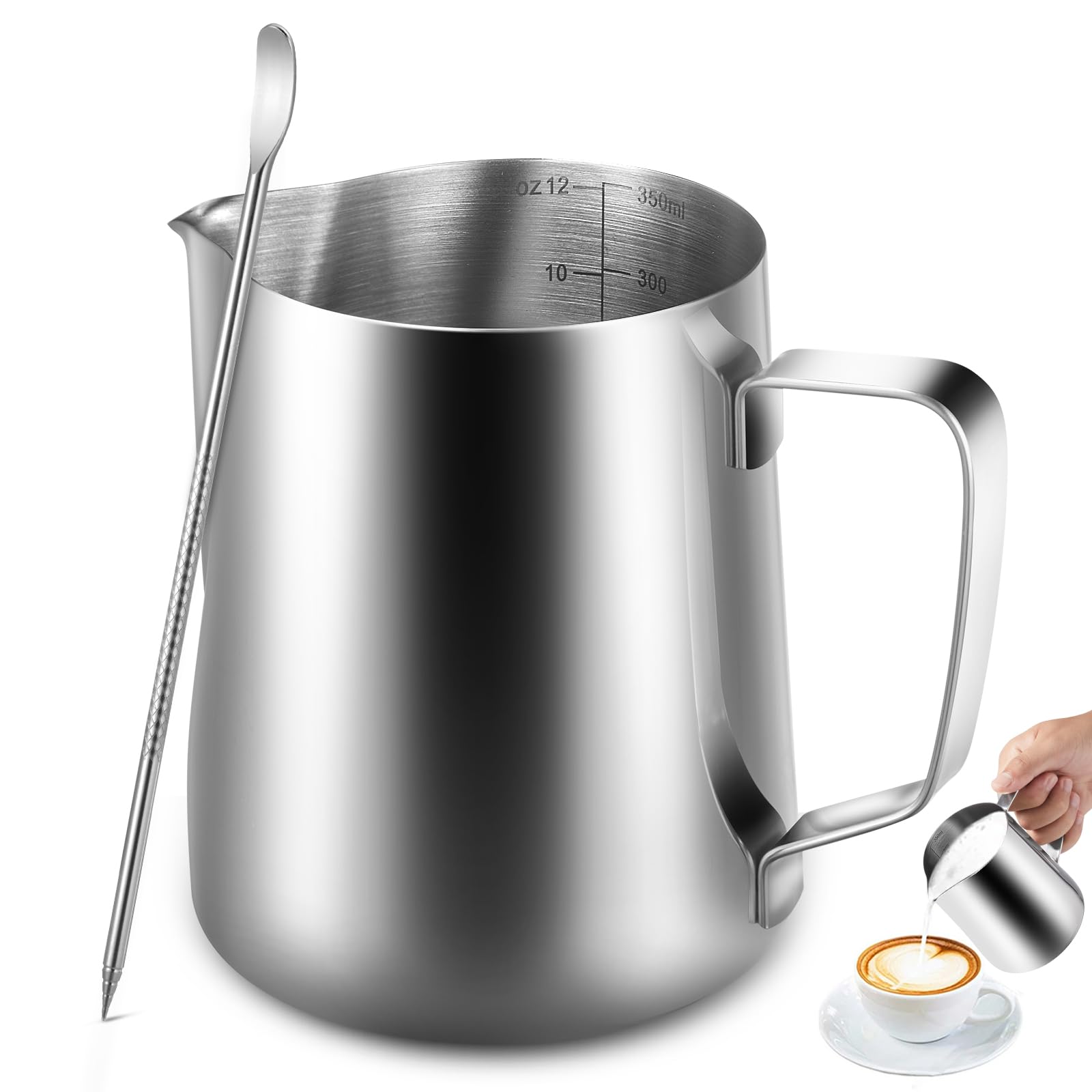 Anpro Milk Jug 350 ml/12 oz,304 Stainless Steel Milk Pitcher,Milk Frothing Jug for Making Coffee Cappuccino