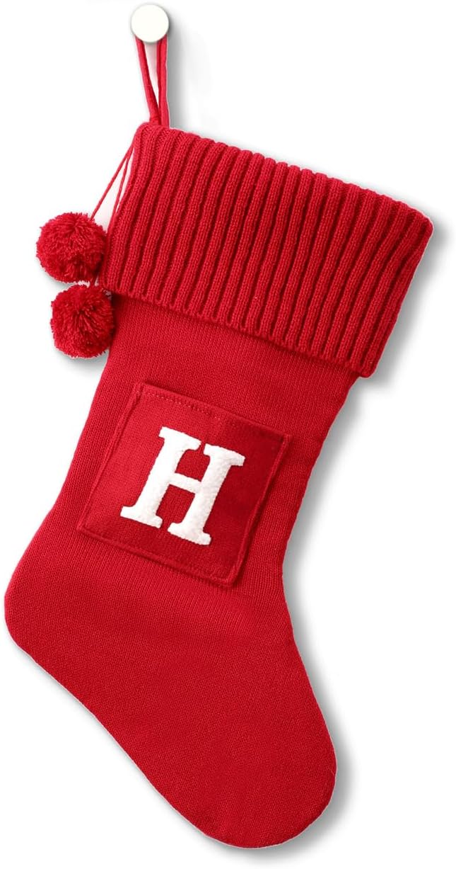 Stockings & Holders - CRSMHLPK 20 Inches Initial Christmas Stocking Monogram Christmas Stocking red Soft Knitted with White Embroidered Letter Christmas decorations-02-H-Red