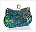 Latest Fashion Stylish Women Full Shining Sequins Beaded Rhinestone Peacock Embroidery Clutch Purse Handbag Evening Bag Hard Case with Rhinestone Studded Clip Closure for Lady with Metal Shoulder Straps-Blue