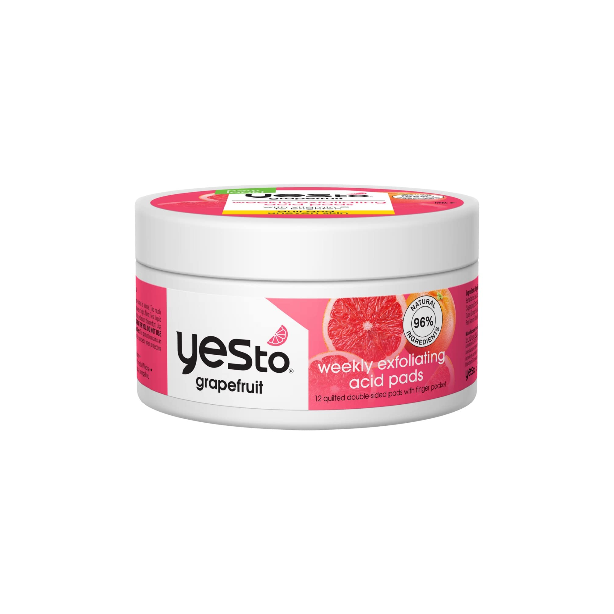 Yes To Brightening Facial GlowBoosting Exfoliating Acid Pads - For Dull Uneven Skin Brighten Balance 15 Fruit Acids AHAs + BHAs Vegan With 96 Natural Ingredients, White, Grapefruit, 12 Count