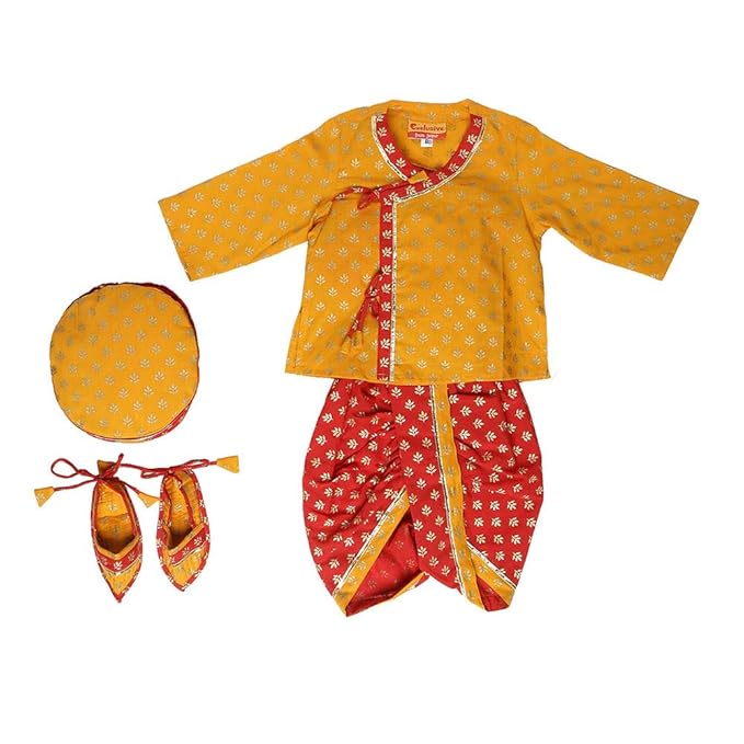 Exclusive from Jaipur By Hopscotch Boys Cotton Gold Print Topgold Print Dhoti With Cap & Juti Set in Orange Color