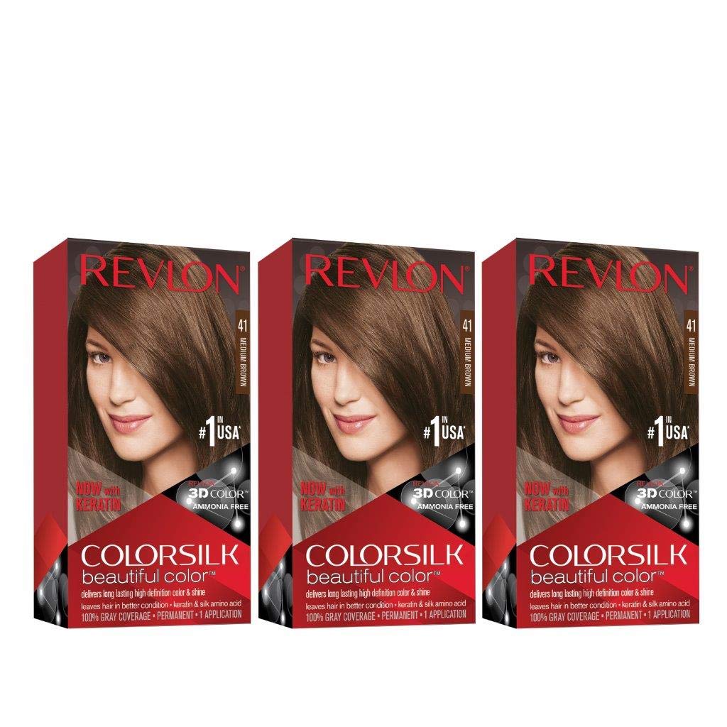 Revlon Colorsilk Beautiful Color, Permanent Hair Dye with Keratin, 100% Gray Coverage, Ammonia Free, 41 Medium Brown (Pack of 3) : Beauty