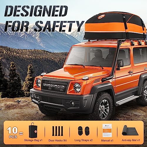 Sailnovo 430L Waterproof Foldable Soft Car Roof Box, Car Roof Bag for Travel with Reinforced Straps/Door Hooks (15 CU.ft, Non-Slip Mat, 4 Hooks, Orange)