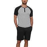 NITAGUT Mens Pajama Set 2 Piece Henley Sleepwear Lightweight Short Sleeve Loungewear Soft Comfy Sleep Set with Button