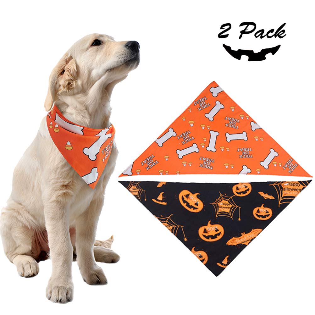 2 Pack Dog Halloween Bandana Pumpkin Black Scarf and Bone Orange