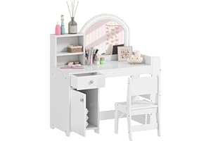 Qaba Kids Vanity Set with Lighted Mirror, Toddler Dressing Table and Chair Set with Cabinet, Drawer and Shelves, Pretend Make