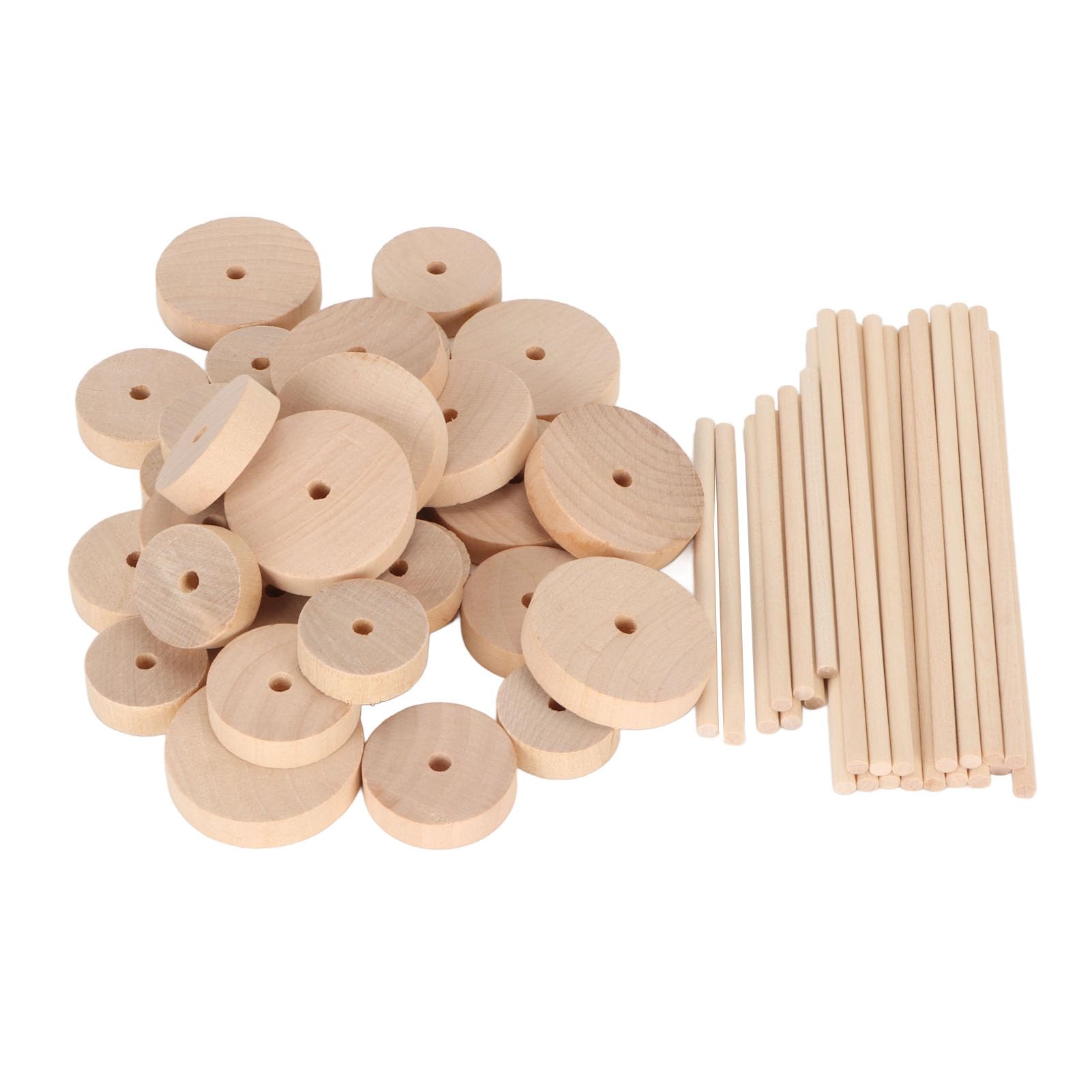 30Pcs Unfinished Wood Wheels, Round Wheel Wooden Pieces with 24 Sticks for Arts Crafts DIY Home Decor