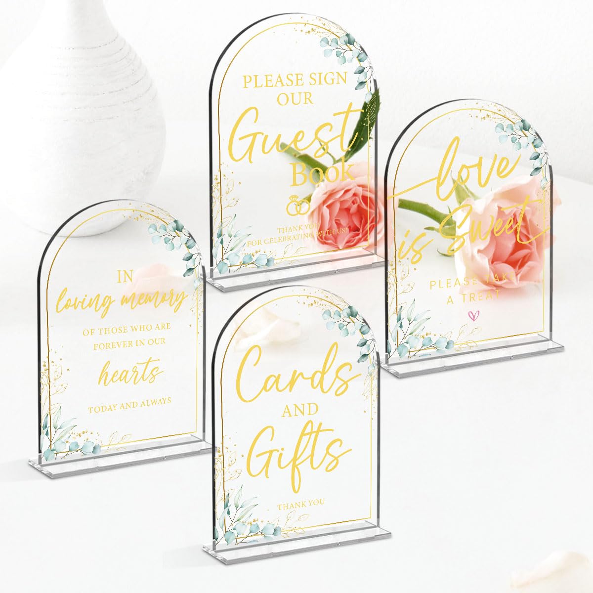 Photo 1 of 4-Piece Acrylic Wedding Sign Set for Ceremony & Reception - 5x7 Inch clear Guest Book, Cards & Gifts, Please Sign Our Guest Book, Please Take One, In Loving Memory - Wedding Decor Bundle
