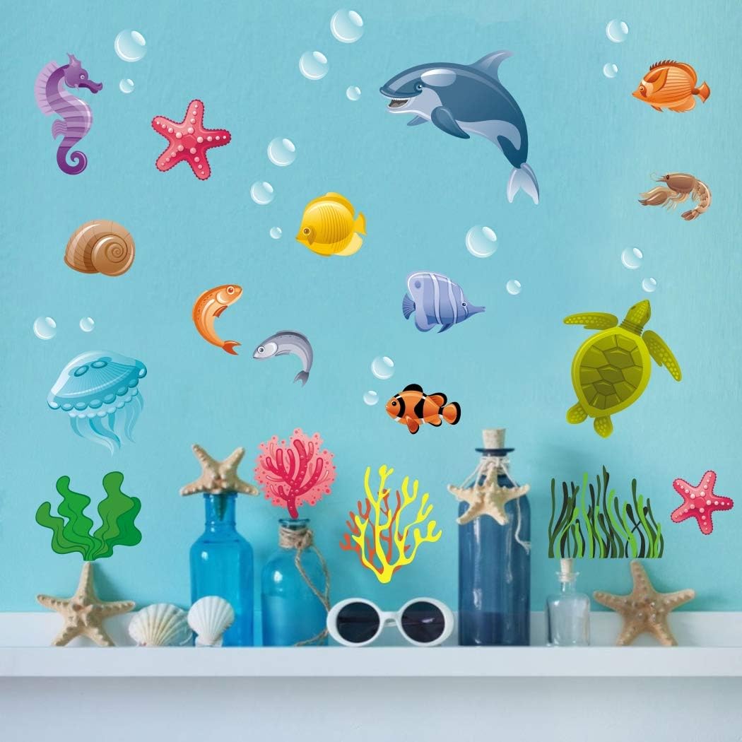 Underwater Sea Life Wall Decals, Shark, Turtle, Seaweed