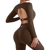 SUUKSESS 2 Piece Workout Sets for Women Long Sleeve Gym Sets Woman Butt Lifting Leggings Open Back Crop Tops