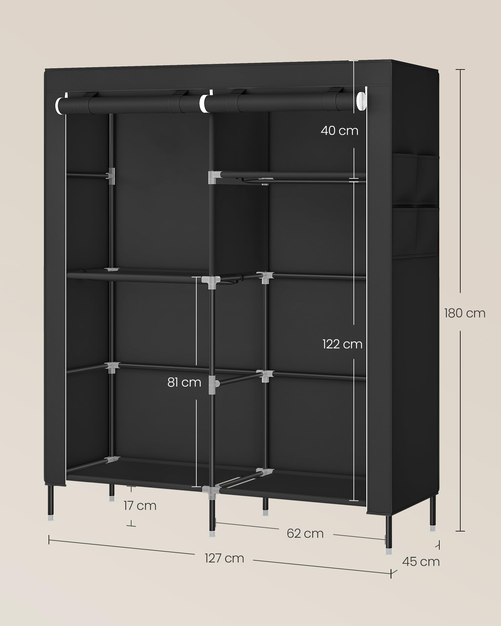 SONGMICS Kleiderschrank, Stoffschrank für Schlafzimmer, Schrank mit Kleiderstange, Ablagen, Seitentaschen, groß, 3 Hängefächer, 45 x 127 x 180 cm, schwarz RYG010BZ02 6