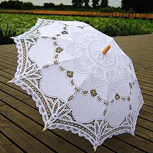 Vintage Lace Parasol Umbrella for Bridal Wedding Party Decoration Photo Props Costume Accessory (White)