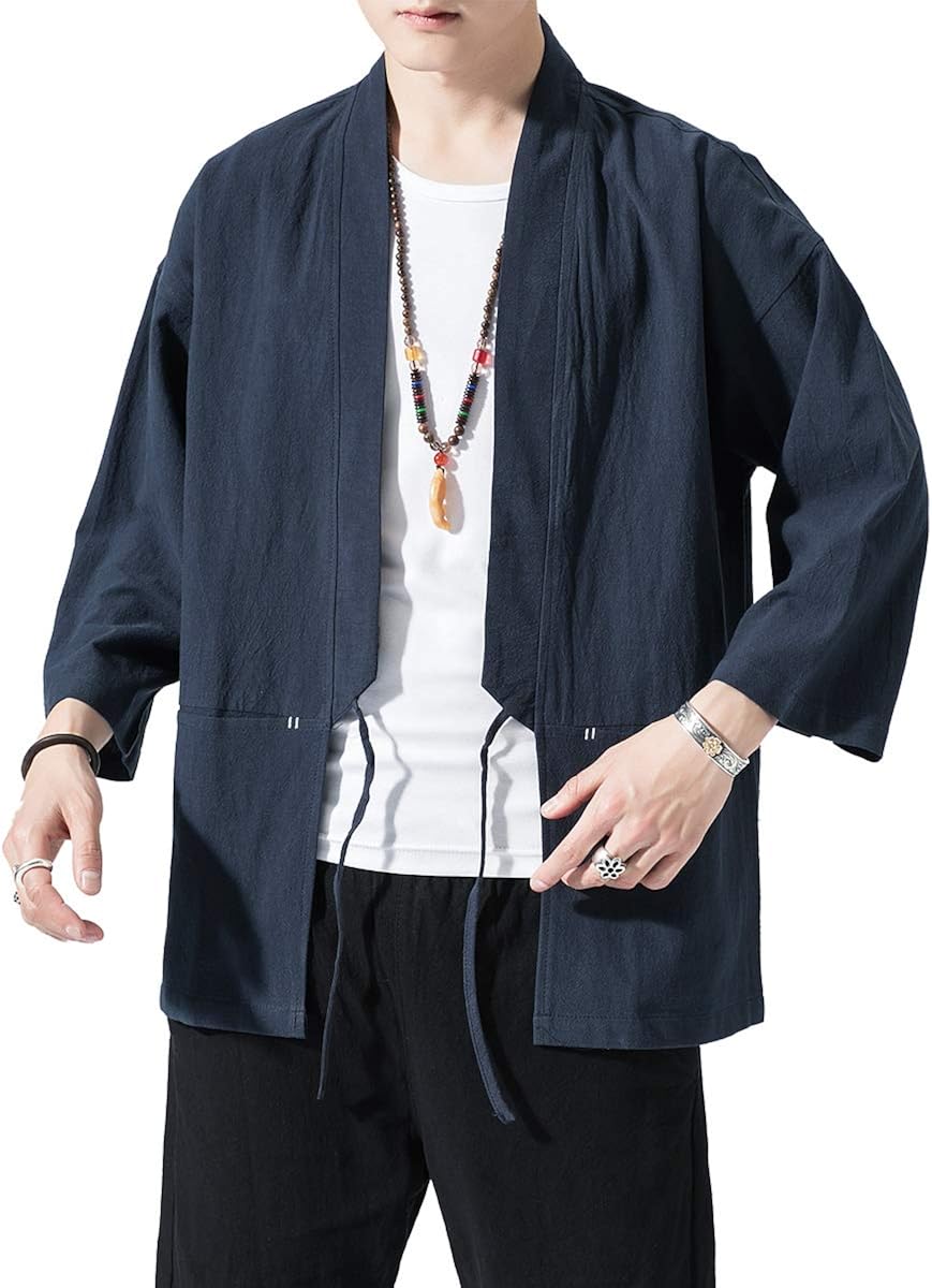 PRIJOUHE Men's Kimono Jackets Cardigan Lightweight Casual Cotton Blends Linen Seven Sleeves Open Front Coat Outwear at  Men’s Clothing store