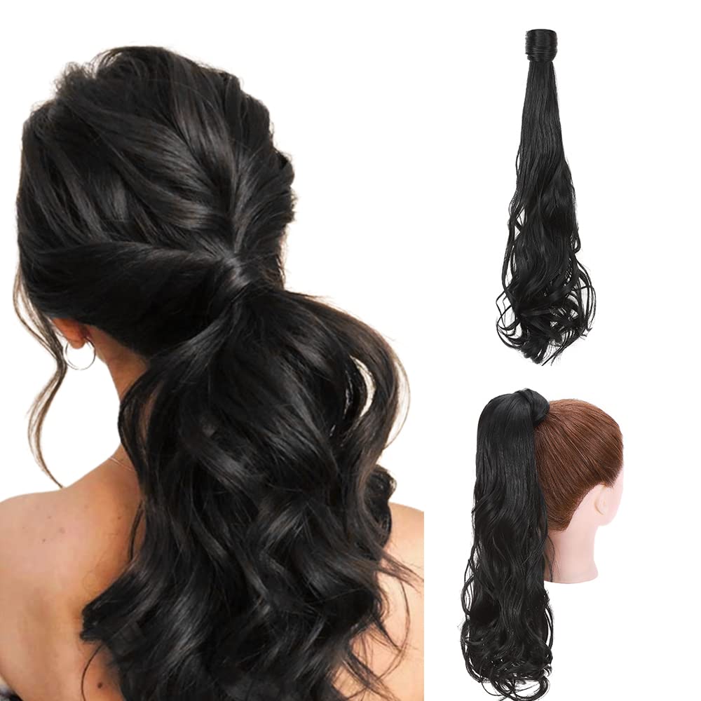Ponytail Extension Wrap Around Long Straight Curly Clip in Ponytail Hair Extensions for Women Brown Black Blonde Hairpiece 24"-Curly, Dark Black
