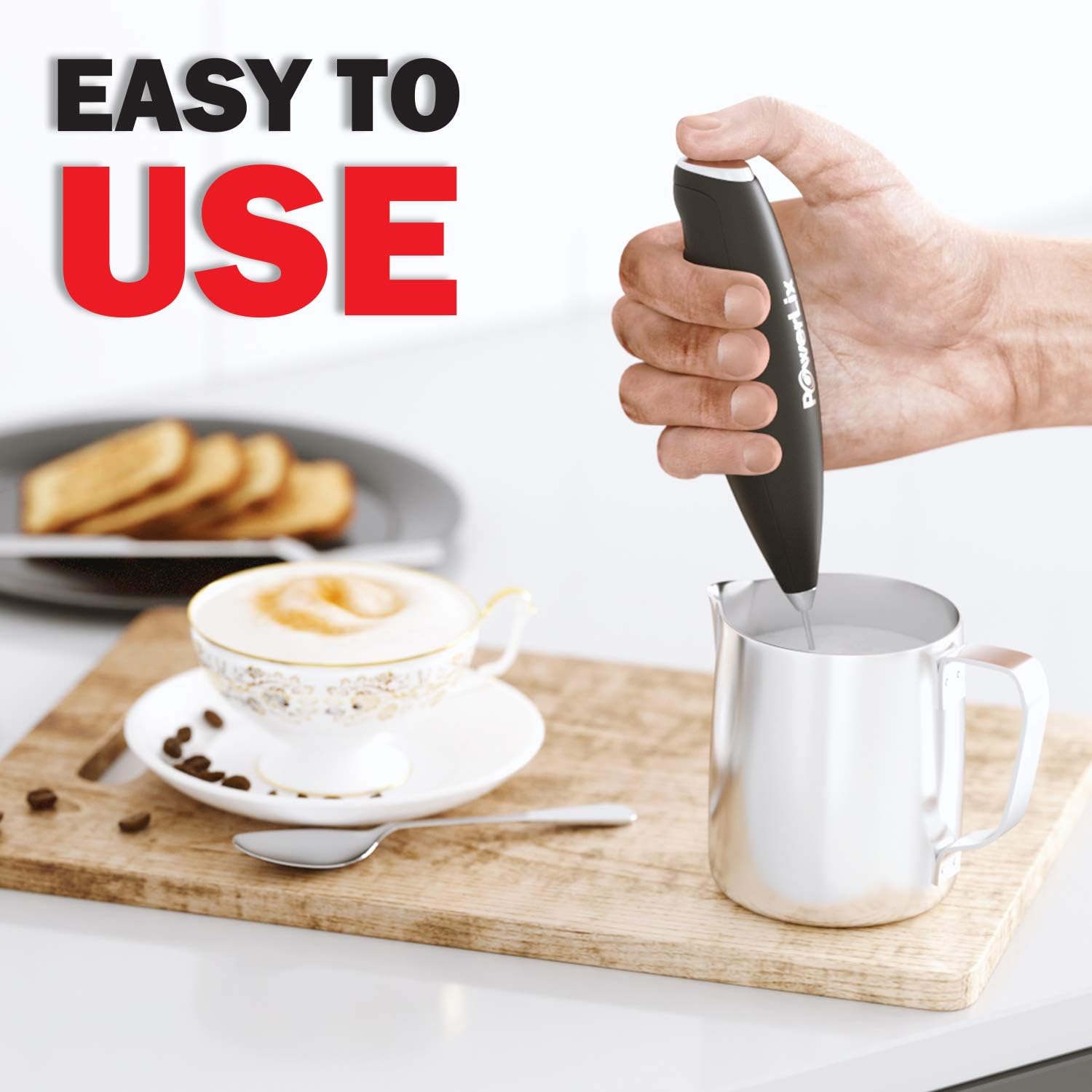 PowerLix Milk Frother Handheld Battery Operated Electric Foam Maker For Coffee, Latte, Cappuccino, Hot Chocolate, Durable Drink Mixer With Stainless Steel Whisk, Stainless Steel Stand Include (Black): Kitchen & Dining