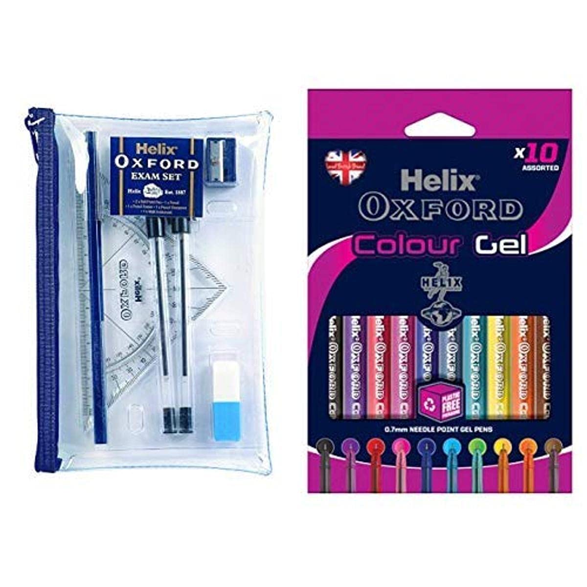 Helix Oxford Filled Pencil Case Exam Kit & Helix Oxford Colour Gel Pens (10 Pack of Assorted Colours)