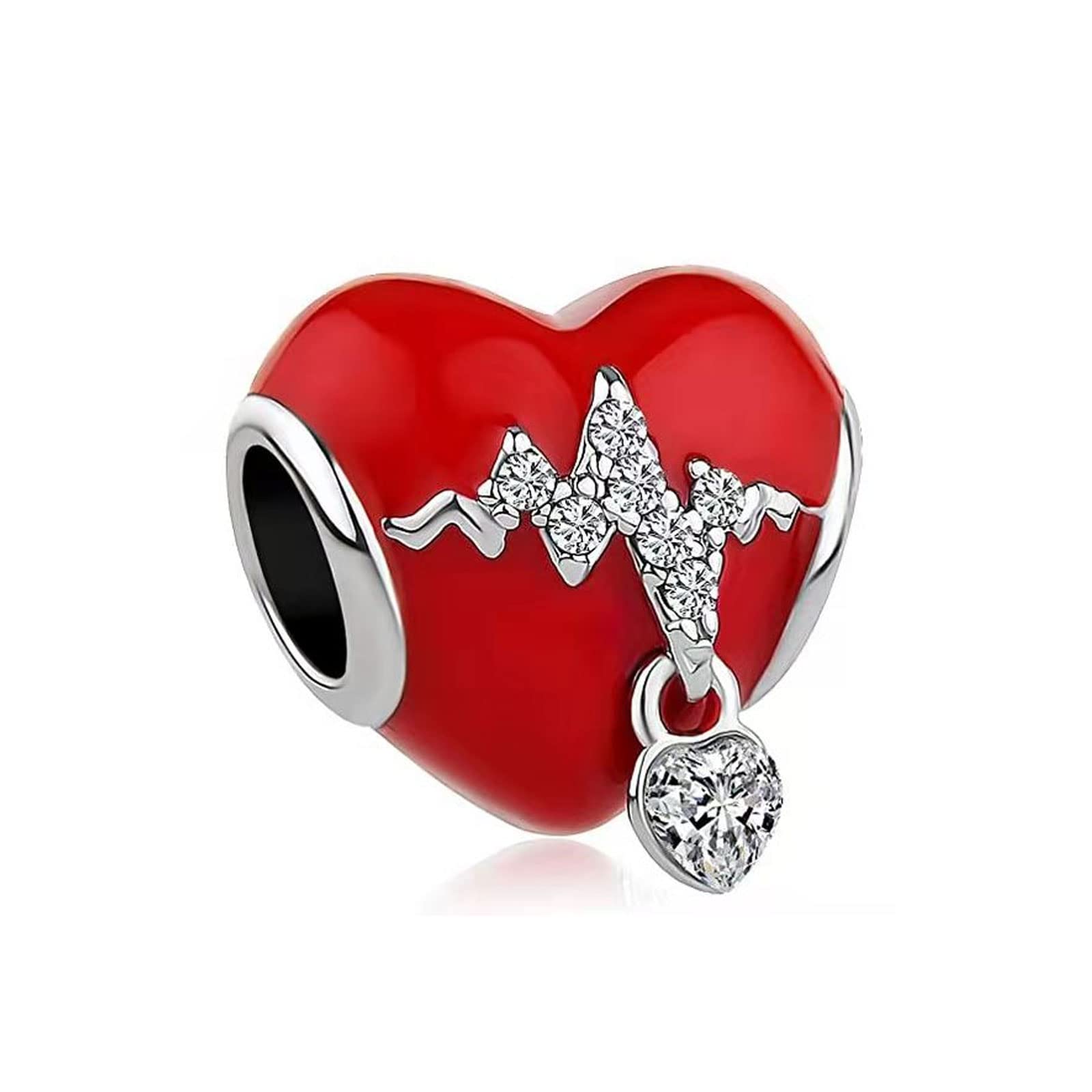 KunBead Jewelry Heartbeat Love Wedding Heart Enamel Crystal Bead Charms Compatible with Pandora Bracelets