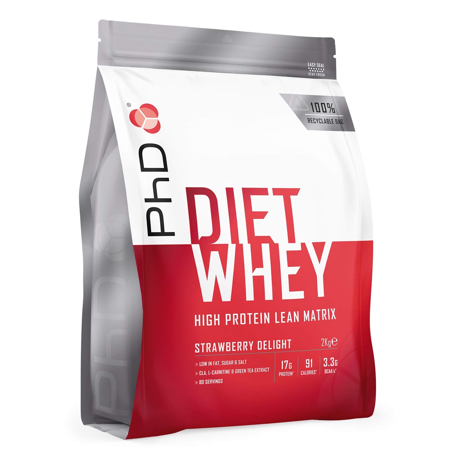 PhD Diet Whey | High Protein Lean Matrix | 17g Protein & 3.3g BCAA | With CLA, L-Carnitine & Green Tea Extract | Low Fat, Sugar & Salt | Builds Muscle & Burns Fat | Strawberry Delight | 2Kg
