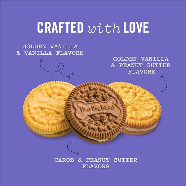THREE DOG BAKERY LICK’N CRUNCH SANDWICH COOKIES PREMIUM DOG TREATS WITH NO ARTIFICIAL FLAVORS, CAROB/PEANUT BUTTER, GOLDEN/VANILLA, 39 OUNCES (PACK OF 1)
