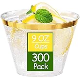 Ciaell 300PCS Gold Plastic Cups - 9Oz Heavy Duty Plastic Cups - Gold Rimmed Disposable Cup - Disposable Clear Wine Cup with Gold Rim for Party & Wedding