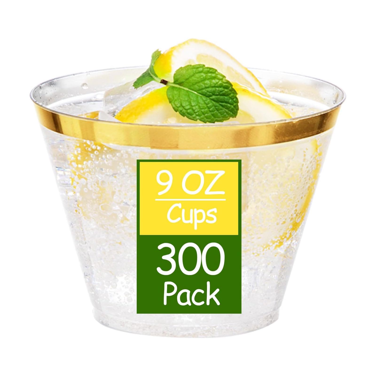 Photo 1 of Ciaell 300PCS Gold Plastic Cups - 9Oz Heavy Duty Plastic Cups - Gold Rimmed Disposable Cup - Disposable Clear Wine Cup with Gold Rim for Party & Wedding