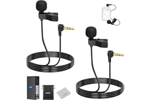 NEEWER LM5 Mini Lavalier Microphone (2 Pack), 6.6ft/2m Clip On Wired 3.5mm TRS Condenser Lapel Lav Mic with Cleaning Cloth Co