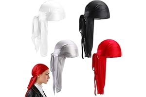 4 Pack Silky Durags for Men Women, Long Tail Wave Headwraps in Black Silver Gray Red White, Polyester Imitation Silk Durag wi