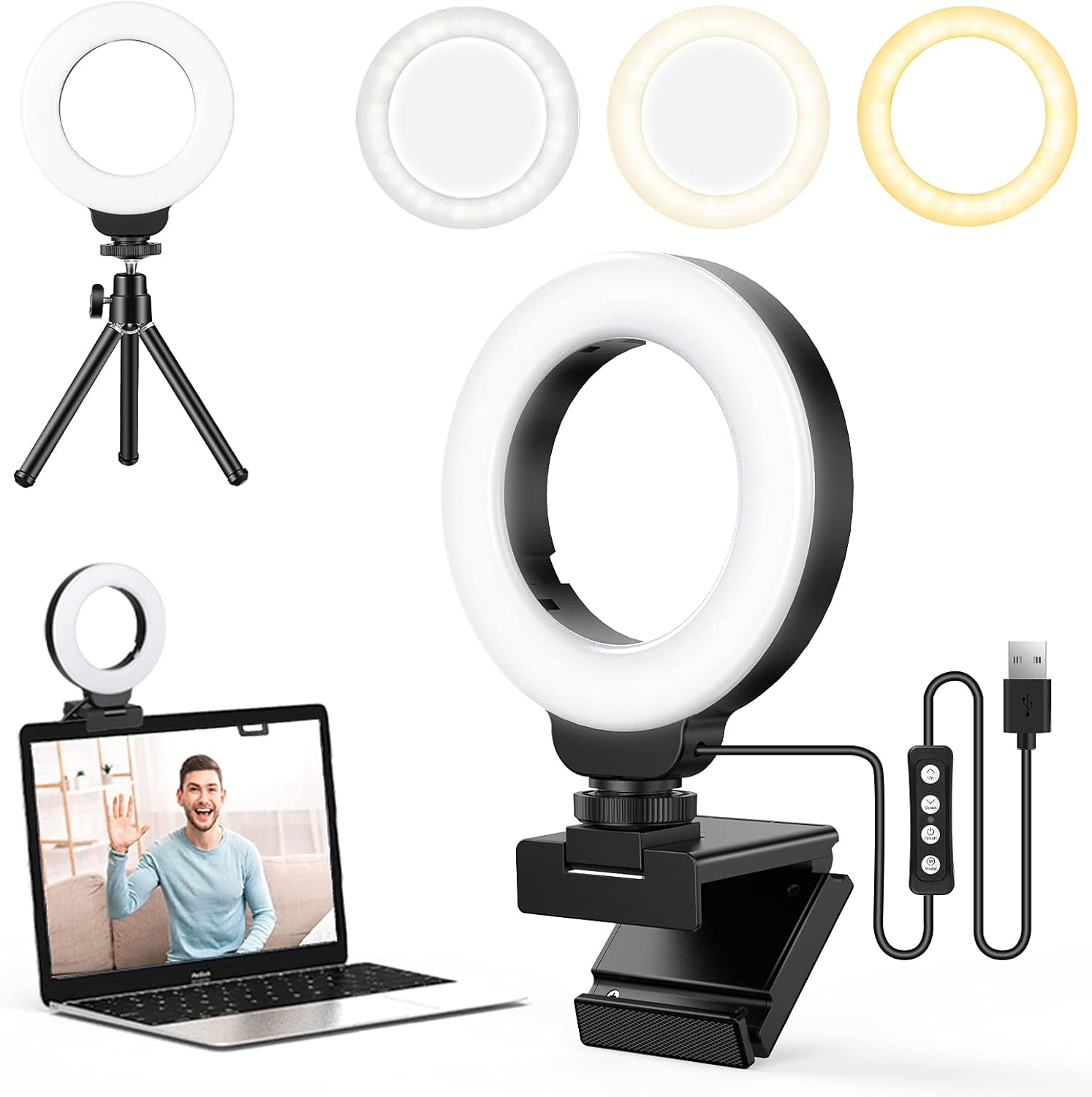 FDKOBE 4'' Small Ring Light for Laptop/Computer, Zoom Call Lighting, Video Conference Lighting with Webcam Style Mount and Tripod, Webcam Light, 3 Light Modes & 10 Brightness Levels, Selfie, Makeup