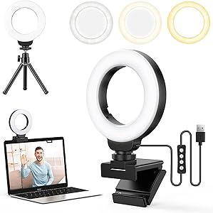 FDKOBE 4'' Small Ring Light for Laptop/Computer, Zoom Call Lighting, Video Conference Lighting with Webcam Style Mount and Tripod, Webcam Light, 3 Light Modes & 10 Brightness Levels, Selfie, Makeup