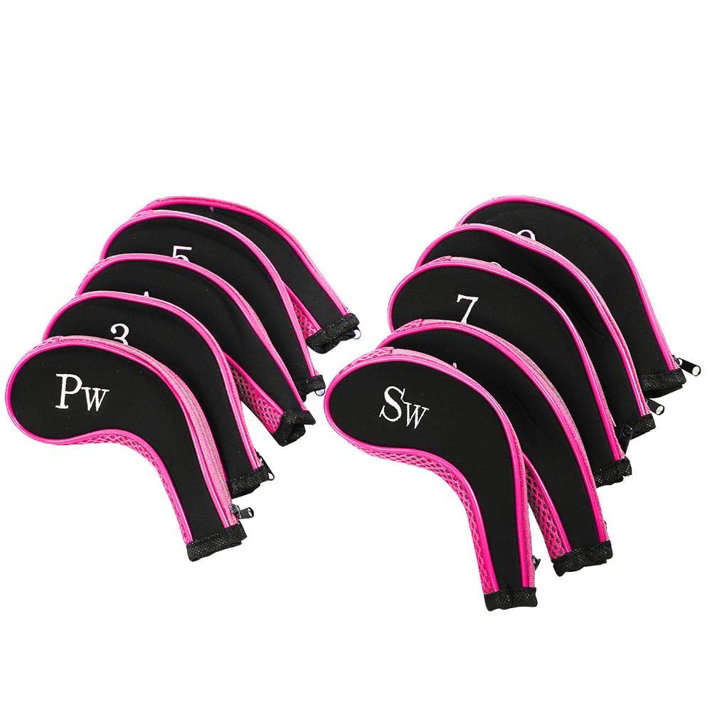 Dilwe Golf Head Covers Set, 10 Pcs Neoprene Golf Club Putter Protective Accessory with Zipper Opening(Pink)