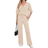 Arach&Cloz Womens 2 Piece Sets Spring Summer Outfits 2024 Short Sleeve Cardigan Sweaters Wide Leg Pants Lounge Tracksuits