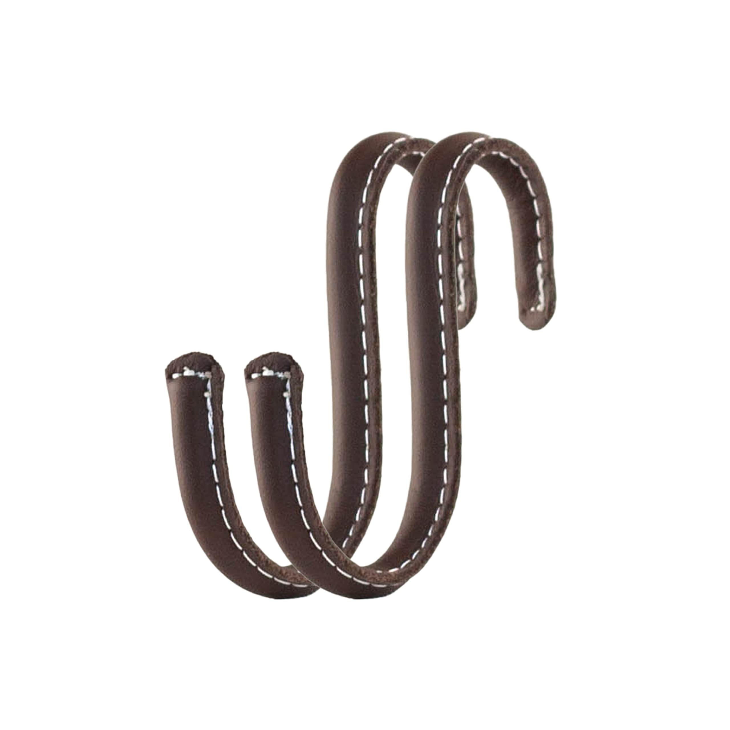 Brute Strength - S Shaped Hooks Wrapped in Full Grain Leather - 2 pcs - Brown - 10 cm Stainless Steel Metal Hangers Hanging Hooks for Kitchen, Work Shop, Bathroom