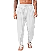 Runcati Mens Linen Harem Pants Casual Elastic Waist Pants Baggy Boho Yoga Hippie Summer Beach Kurta Dhoti Trousers
