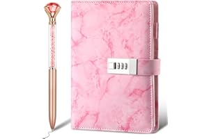 DJFOG Stylish Pink Marble Locked Journal - A5 PU Leather Notebook with Password Protection, Pen Included - Ideal for Daily Us