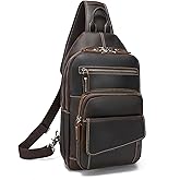 LANNSYNE Full Grain Leather Casual Sling Bag For Men Hiking/Travel/Business Crossbody Chest Bag Fits 12.9" iPad